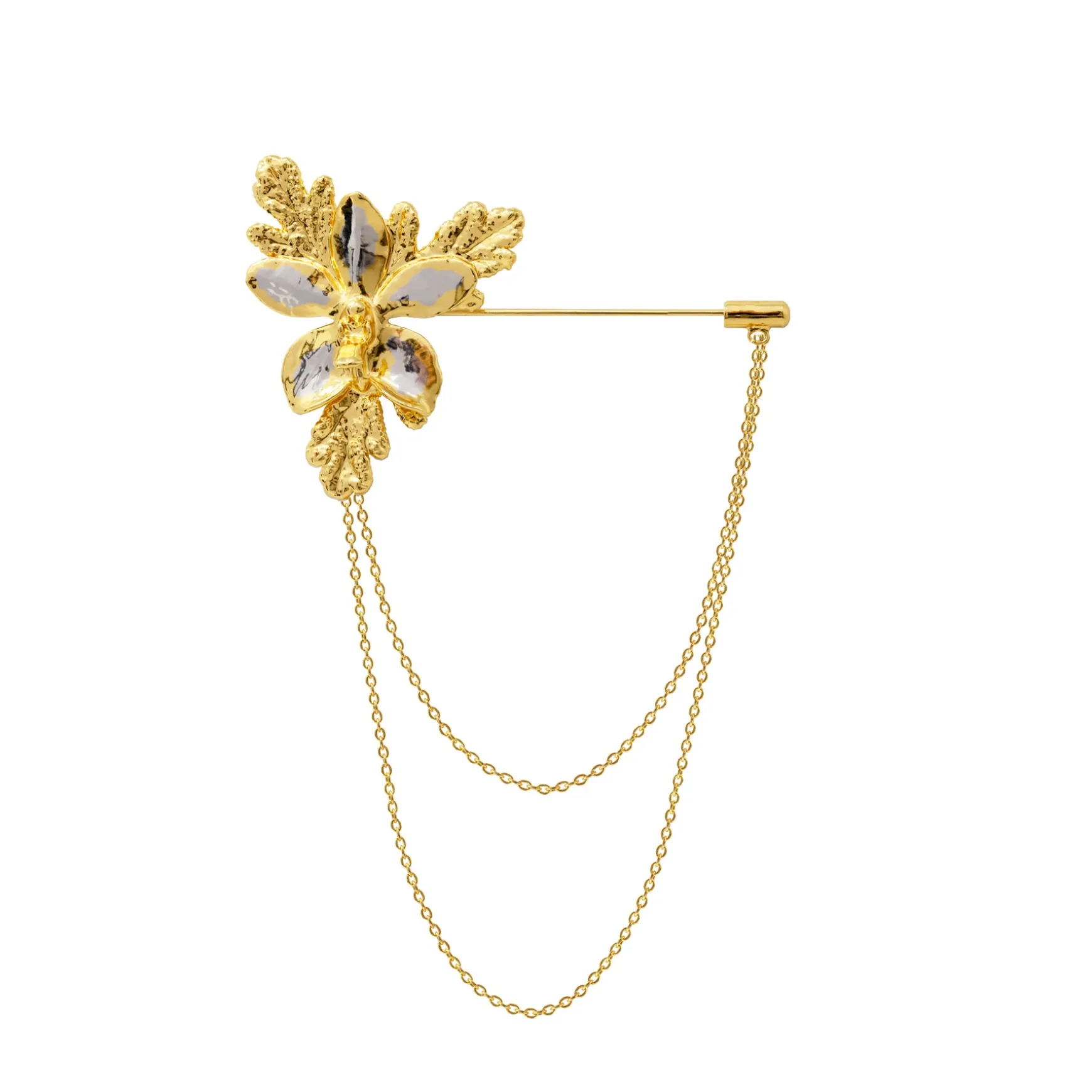 Aeridovanda Orchid Brooch with Citronella Leaves in Gold and Palladium