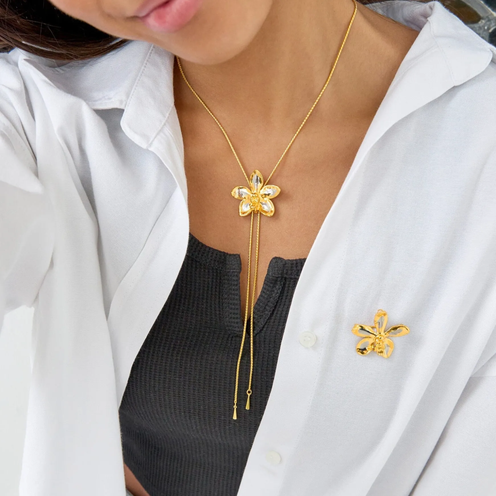 Aeridovanda Vieng Ping Orchid Long Slider Necklace in Gold & Palladium