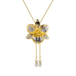 Cattleya Orchid Long Slider Necklace in Gold & Palladium with Crystal Tailends