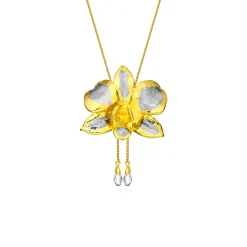 Dendrobium Eleanor Chan Orchid Long Slider Necklace in Gold & Palladium with Crystal Tailends