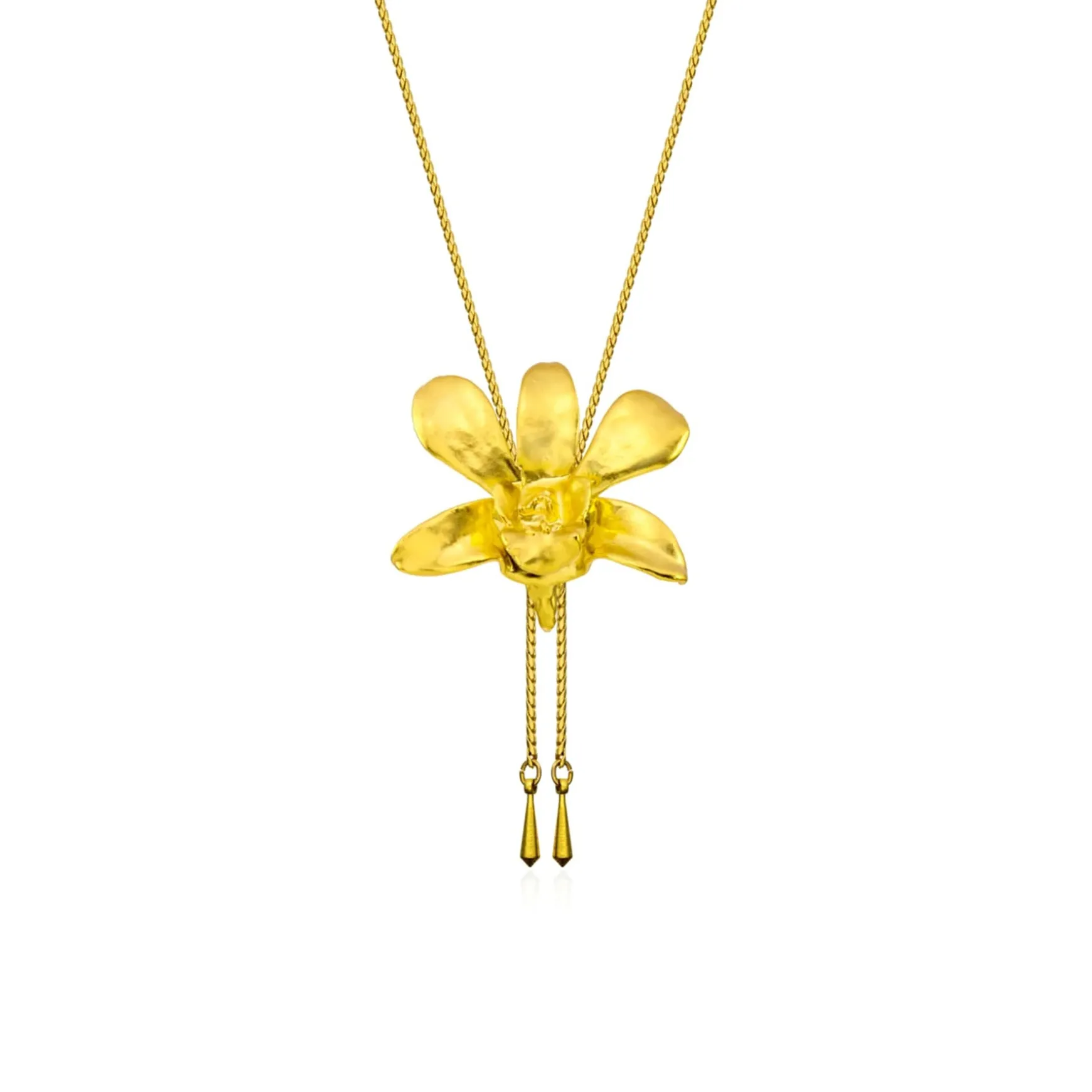 Dendrobium Li Min Eng Orchid Long Slider Necklace in Gold