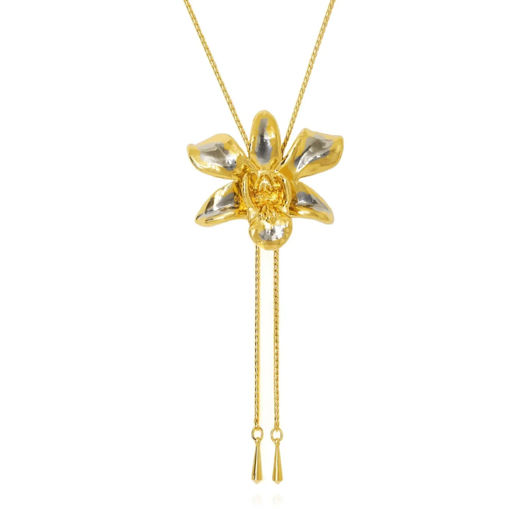 Dendrobium Orchid Long Slider Necklace in Gold & Palladium