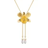 Dendrobium Thong Chai Orchid Long Slider Necklace in Gold with Crystal Tailends