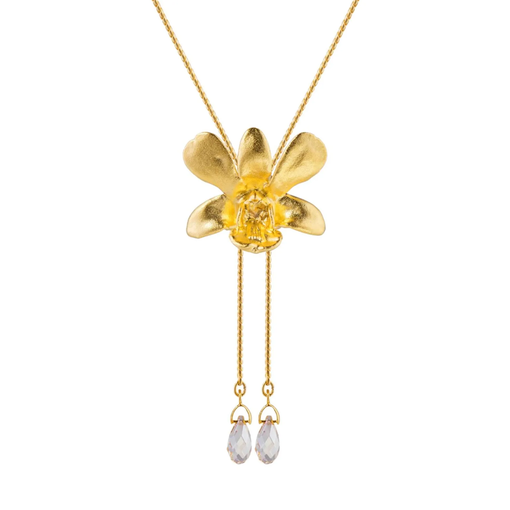 Dendrobium Thong Chai Orchid Long Slider Necklace in Gold with Crystal Tailends