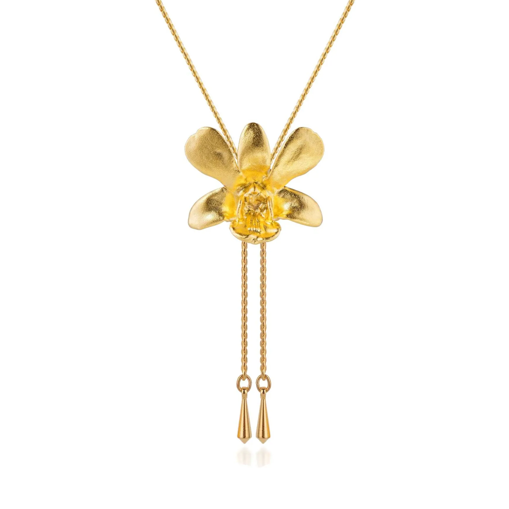 Dendrobium Thong Chai Orchid Long Slider Necklace in Gold