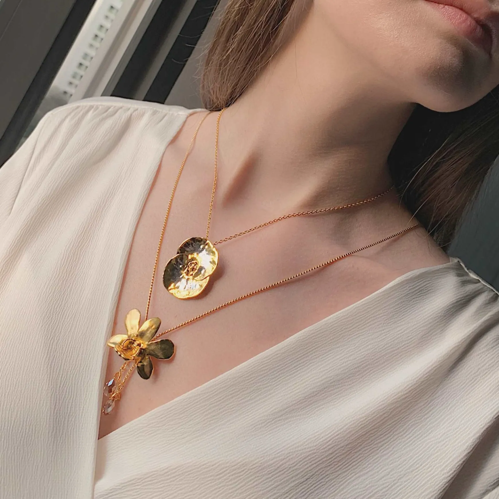 Dendrobium Thong Chai Orchid Long Slider Necklace in Gold with Crystal Tailends