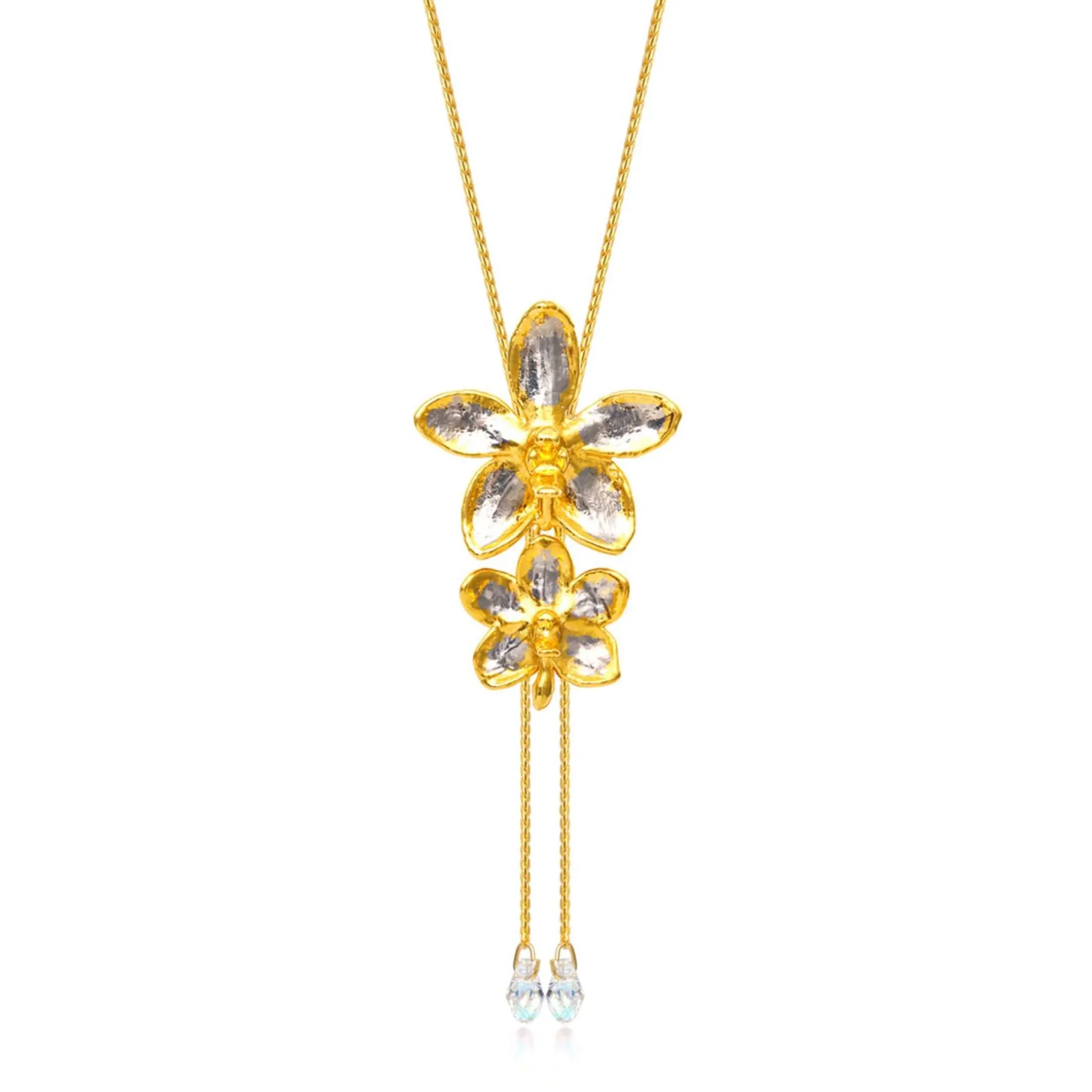 Dual Orchid Bloom Long Slider Necklace in Gold & Palladium with Crystal Tailends