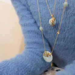 Nature's Jade Long Gold Necklace with White Topaz