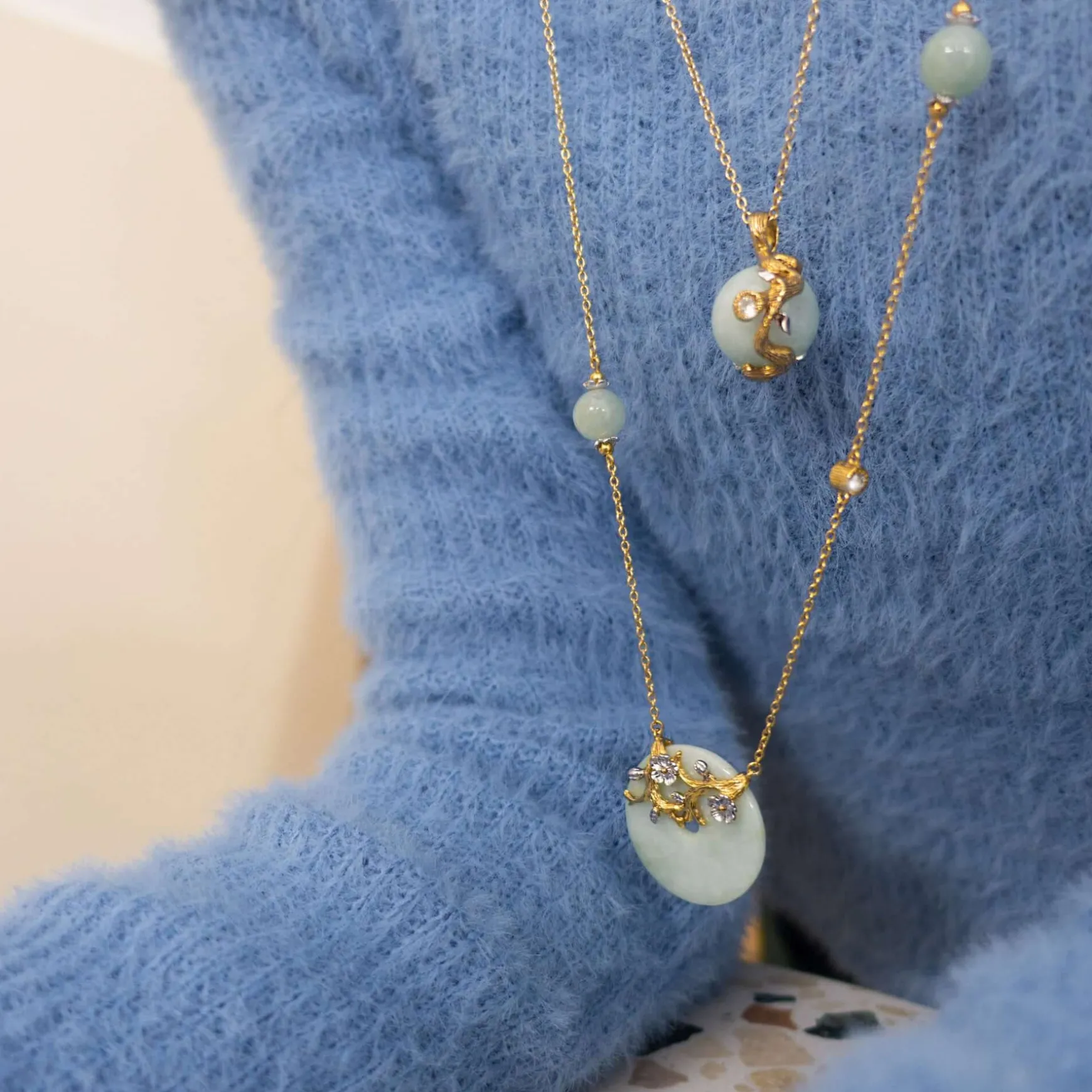 Nature's Jade Long Gold Necklace with White Topaz