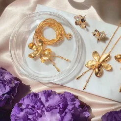 Oncidium Mary Saporita Orchid Long Slider Necklace in Gold