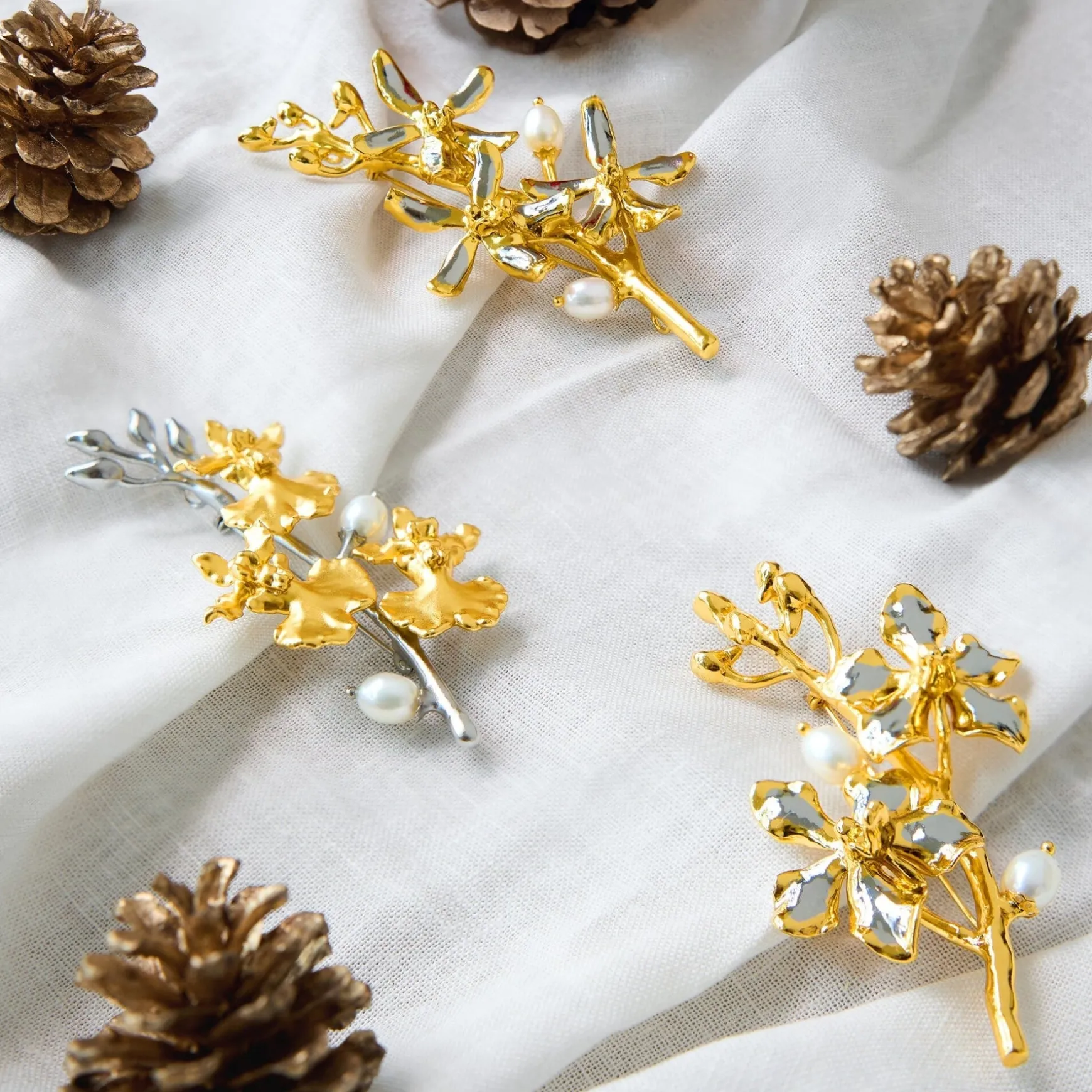 Oncidium Symphony Brooch with Pearls