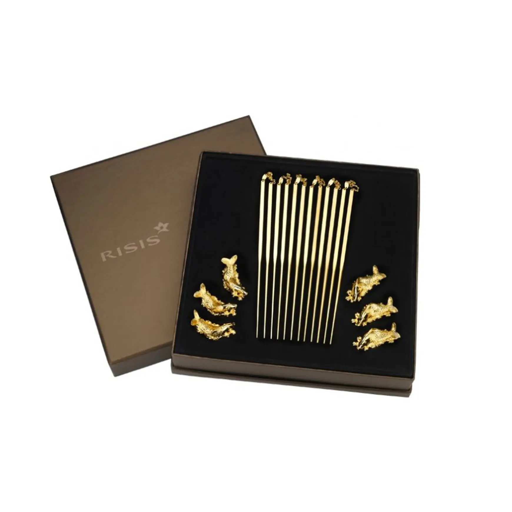 Set of 6 Gold-Plated Chopsticks with Carp Rest