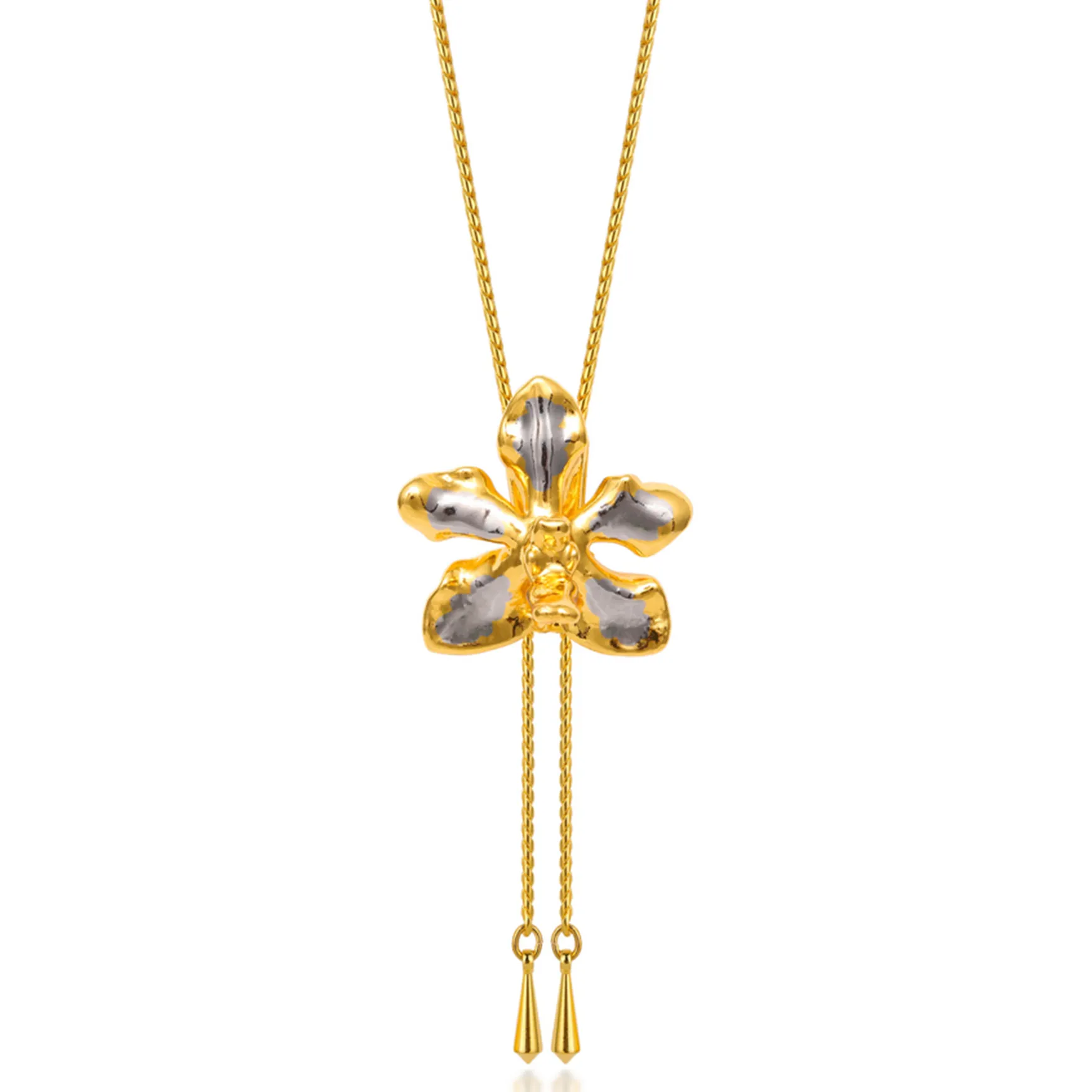 Vanda Limbata Orchid Long Slider Necklace in Gold & Palladium
