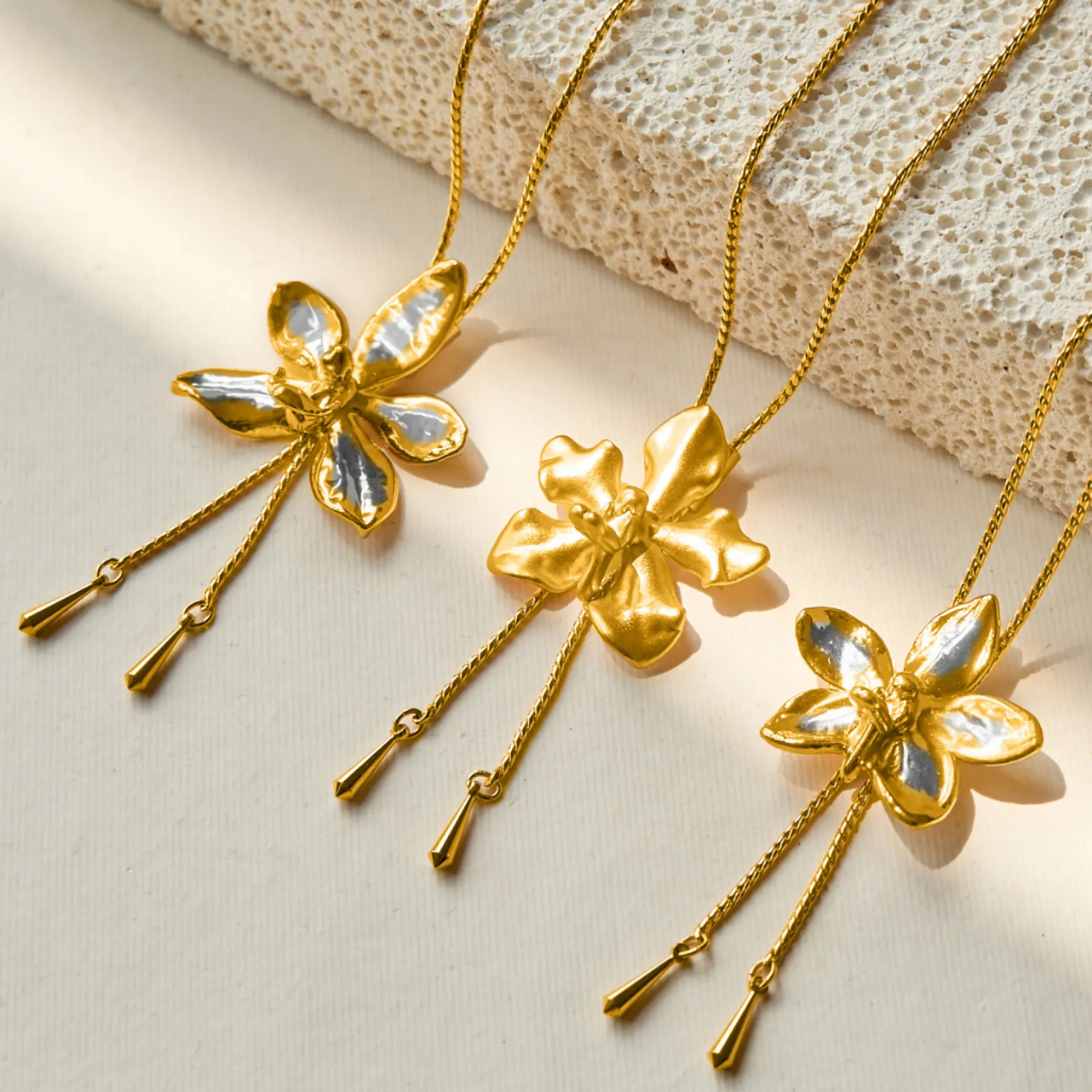 Vanda Limbata Orchid Long Slider Necklace in Gold