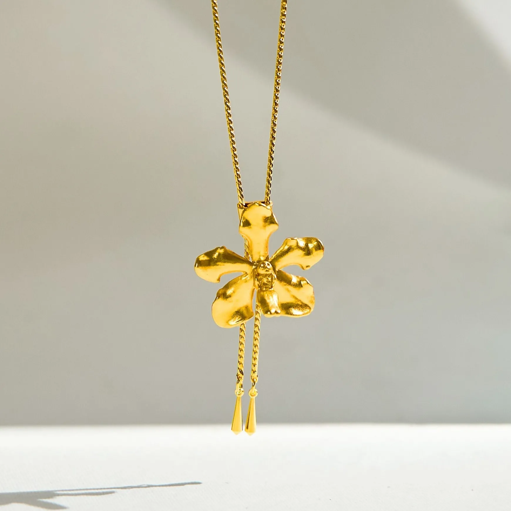 Vanda Limbata Orchid Long Slider Necklace in Gold